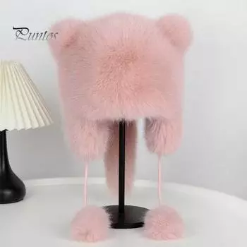 Женская зимняя шапка с толстым искусственным мехом, украшением в виде ушей и хвоста в виде мультяшного енота, однотонная, ветрозащитная шапка Lei Feng для катания на лыжах, сноуборде, пешего туризма белый