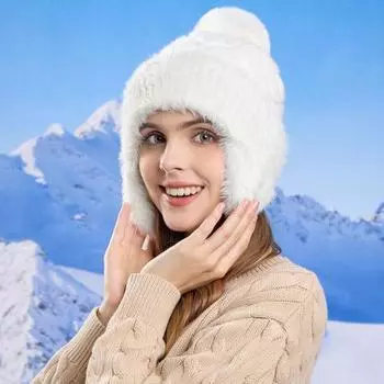 Женская зимняя шапка с ушами, толстая плюшевая шапка с помпоном, защищающая уши, вязаная кофейный