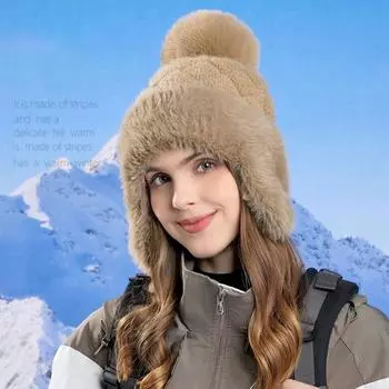 Женская зимняя шапка с ушами, толстая плюшевая шапка с помпоном, защищающая уши, трикотажная, сохраняющая тепло, эластичная, для холодной погоды, уличный головной убор чёрный