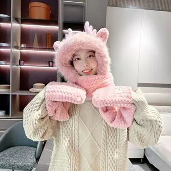 Женская зимняя шапка шарф цельный новый олень с капюшоном велосипедный комплект из трех предметов толстый плюш One size