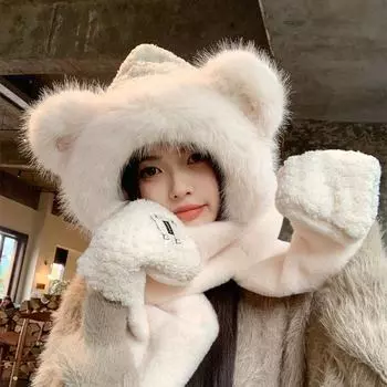 Женская зимняя шапка-шарф с медведем: Мягкий, симпатичный, ветрозащитный, с защитой ушей для езды на велосипеде на открытом воздухе, подходит для большого обхвата головы.