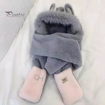 Женская зимняя шапка-шарф с перчатками 3 в 1, дизайн, толстый плюш, украшение в виде лисьих ушей, пушистый искусственный мех, полная защита, ветрозащита, реквизит для фотосъемки на свежем воздухе красный