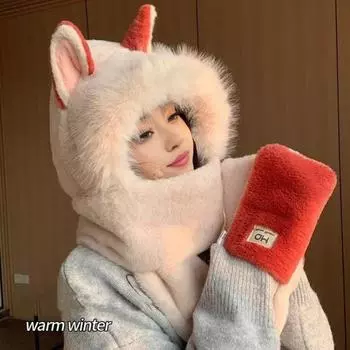 Женская зимняя шапка-шарф с перчатками 3 в 1, толстый плюш с декором из лисьих ушей хаки