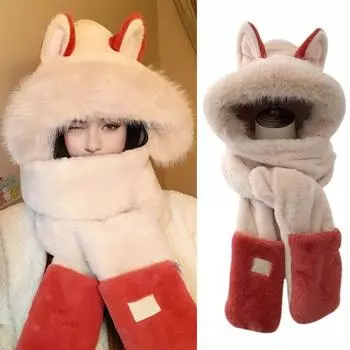 Женская зимняя шапка-шарф с перчатками 3 в 1, дизайн, толстый плюш, декор в виде лисьих ушей, пушистый искусственный мех, полная защита, ветрозащита, активный отдых на природе, фото красный