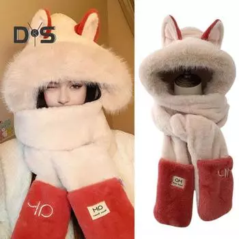 Женская зимняя шапка-шарф с перчатками 3 в 1, дизайн, толстый плюш, украшение в виде лисьих ушей, пушистый искусственный мех, полная защита, ветрозащита, реквизит для фотосъемки на свежем воздухе красный