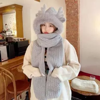 Женская зимняя шапка-шарф с перчатками, толстый плюшевый декор в виде рогов оленя, пушистый искусственный мех, полная защита, ветрозащитный головной убор для активного отдыха на природе, фотореквизит белый