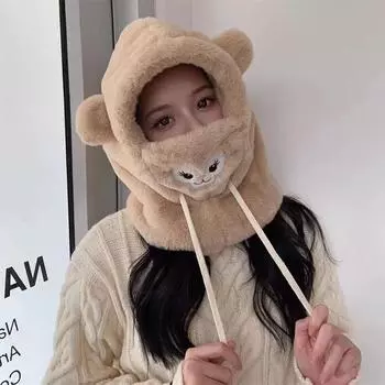 Женская зимняя шапка симпатичная мультяшная плюшевая ветрозащитная теплая шарф белый