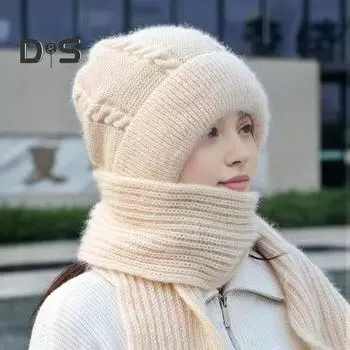 Женская зимняя шапка со встроенным длинным шарфом, толстая теплая трикотажная ветрозащитная, высокоэластичная, полная защита, для путешествий на открытом воздухе в холодную погоду хаки