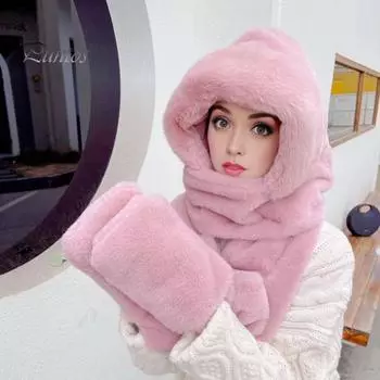 Женская зимняя шапка со встроенным шарфом и перчатками, толстая теплая, из искусственного меха, однотонная, полная защита, для езды на велосипеде, путешествий, холодной погоды