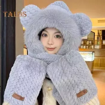 Женская зимняя шапка со встроенным шарфом и перчатками, толстый теплый искусственный мех, ветрозащитный, с декором из медвежьих ушей, полная защита от холода, для езды на велосипеде, пешего туризма, путешествий белый