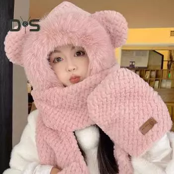 Женская зимняя шапка со встроенным шарфом и перчатками, толстый теплый искусственный мех, ветрозащитный, с декором из медвежьих ушей, полная защита от холода, для езды на велосипеде, пешего туризма, путешествий бежевый