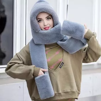 Женская зимняя шапка со встроенным шарфом и перчатками, толстый теплый искусственный мех, однотонный, для езды на велосипеде и путешествий в холодную погоду розовый