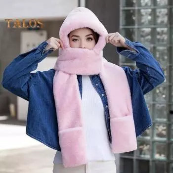 Женская зимняя шапка со встроенным шарфом и перчатками, толстая теплая, из искусственного меха, однотонная, полная защита, для езды на велосипеде, путешествий, холодной погоды