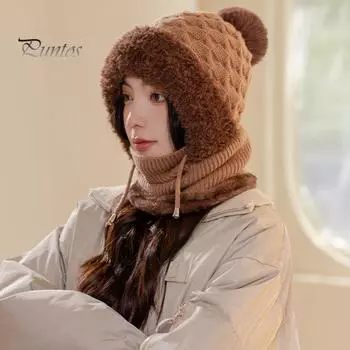 Женская зимняя шапка со встроенным шарфом и защитой для лица, толстая теплая ветрозащитная шапка для езды на велосипеде, регулируемая, полная защита для путешествий на открытом воздухе в холодную погоду хаки