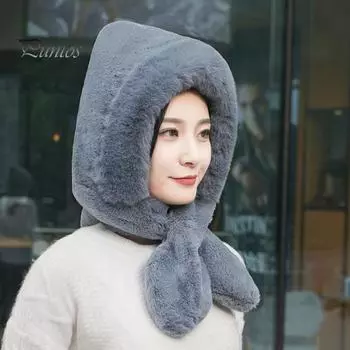 Женская зимняя шапка со встроенным шарфом, толстая теплая, из искусственного меха кролика, однотонная, полная защита, для езды на велосипеде, путешествий, холодной погоды бежевый