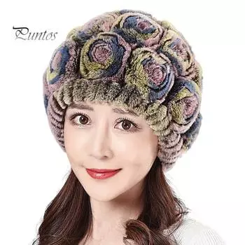 Женская зимняя шапка со встроенным шарфом, толстая теплая, из искусственного меха кролика Рекс с цветочным декором, ветрозащитная, полная защита, для путешествий на открытом воздухе, для холодной погоды красный