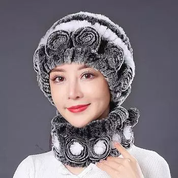 Женская зимняя шапка со встроенным шарфом, толстая, теплая, из искусственного меха кролика Рекс, с цветочным декором, ветрозащитная, для путешествий и холода One Size чёрный