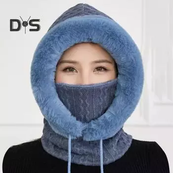 Женская зимняя шапка со встроенным шарфом, толстая теплая вязаная шапка из искусственного меха, ветрозащитная, высокоэластичная, полная защита, для путешествий на открытом воздухе в холодную погоду темно-розовый