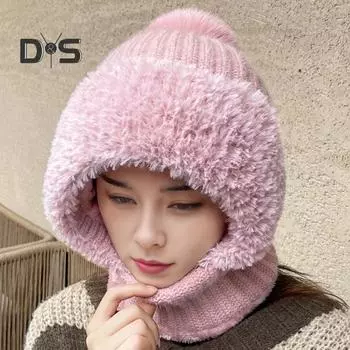 Женская зимняя шапка со встроенным шарфом, толстая, теплая, трикотажная, ветрозащитная, высокоэластичная, полная защита, для путешествий на открытом воздухе в холодную погоду серый