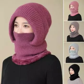 Женская зимняя шапка со встроенным шарфом, толстый искусственный мех кролика, теплая трикотажная ветрозащитная, высокоэластичная, полная защита для улицы, для холодной погоды серый