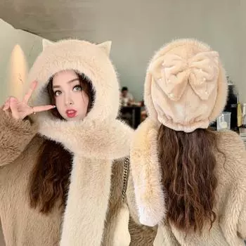 Женская зимняя шапка со встроенным шарфом, толстый теплый искусственный мех, декорированный большим бантом, ветрозащитная, полная защита от ветра, для катания на лыжах, пешего туризма, путешествий, холодной погоды чёрный