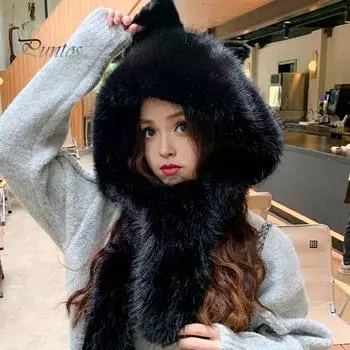 Женская зимняя шапка со встроенным шарфом, толстый теплый искусственный мех, декорированный большим бантом, ветрозащитная, полная защита от ветра, для катания на лыжах, пешего туризма, путешествий, холодной погоды чёрный