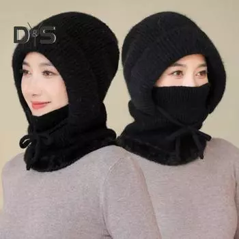 Женская зимняя шапка со встроенным шарфом, толстый искусственный мех кролика, теплая трикотажная ветрозащитная, высокая эластичность, полная защита, подходит для путешествий на открытом воздухе в холодную погоду хаки