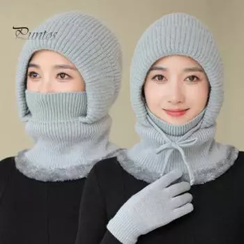 Женская зимняя шапка со встроенным шарфом, толстый искусственный мех кролика, теплая трикотажная ветрозащитная, высокая эластичность, полная защита, подходит для путешествий на открытом воздухе в холодную погоду чёрный