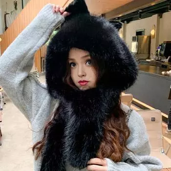 Женская зимняя шапка со встроенным шарфом, толстый теплый искусственный мех, декорированный большим бантом, ветрозащитная, полная защита от ветра, для катания на лыжах, пешего туризма, путешествий, холодной погоды чёрный