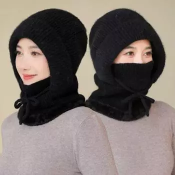 Женская зимняя шапка со встроенным шарфом, толстый искусственный мех кролика, теплая трикотажная ветрозащитная, высокая эластичность, полная защита от холода и на открытом воздухе серый