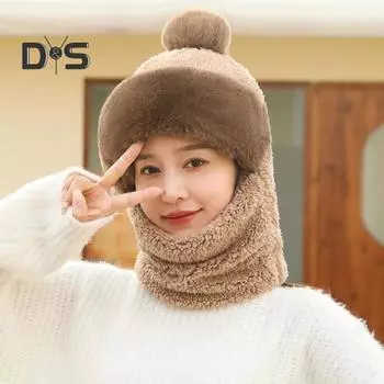 Женская зимняя шапка со встроенным шарфом, защищающая от холода, спереди, толстый плюш, теплая, полная защита, для езды на велосипеде и путешествий в холодную погоду кофейный