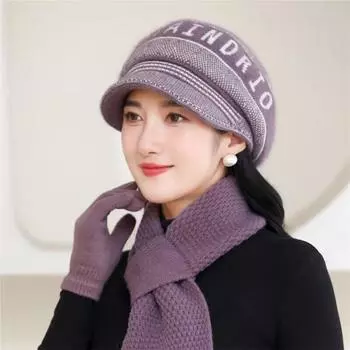 Женская зимняя шапка, сохраняющая тепло, комплект из меховой шапки и шарфа, теплые шапки для женщин, повседневная зимняя вязаная шапка из меха кролика hat only серый
