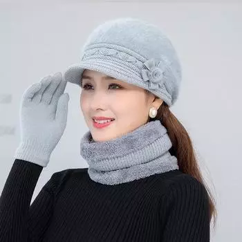 Женская зимняя шапка, сохраняющая тепло, шапка с меховой подкладкой, шарф, перчатки, комплект, теплые шапки, повседневная зимняя вязаная шапка из кролика темно-розовый