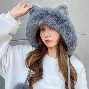 Женская зимняя шапка, толстая плюшевая мультяшная декоративная шапка для ушей, вязаная утолщенная защита ушей, шнурок с блестками, холодостойкий плюшевый декор в виде мяча, женская уличная шапка хаки