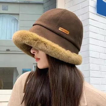 Женская зимняя шапка в рыбацком стиле, толстая плюшевая шапка с короткими полями, теплая ветрозащитная шляпа от солнца с куполом, утолщенная складная женская кепка, шляпа для бассейна чёрный