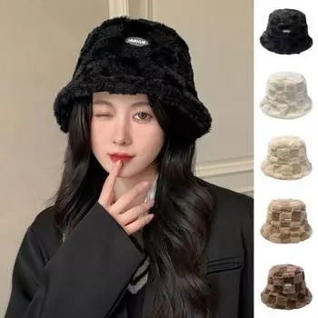 Женская зимняя шапка в рыбацкую клетку с буквенным принтом в тон, толстая плюшевая кепка с плоским верхом, ветрозащитная, теплая, мягкая, противоскользящая, женская кепка-ведро, зимний головной убор хаки