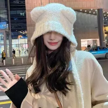 Женская зимняя шапка, вязаная мягкая толстая шапка для защиты ушей, однотонная эластичная шапка с рисунком для ушей, теплая удерживающая тепло унисекс, шапка для пар чёрный