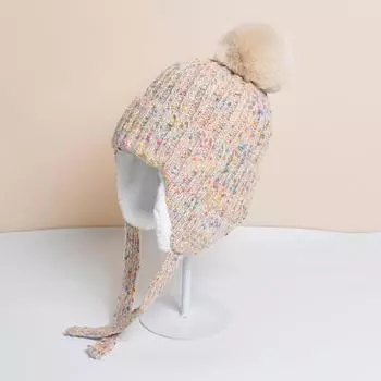 Женская зимняя шапка, вязаная шапка-ушанка, шапка-чулок с ушками, уличная теплая меховая шапка One Size бежевый