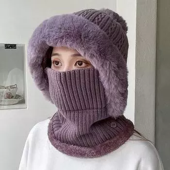 Женская зимняя шапка Yousheng с шарфом, вязаная толстая плюшевая ветрозащитная шапка с помпоном, полностью защищающая велосипедная кепка, эластичный головной убор