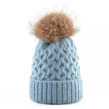 Женская зимняя шапка, женская теплая вязаная шерстяная шапка с натуральным мехом и помпоном, шапки для девочек 55-58CM синий