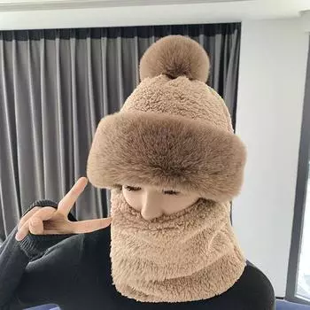 Женская зимняя шерстяная и утолщенная ветрозащитная шапка Трикотажная шерстяная шапка Шарф None кофейный