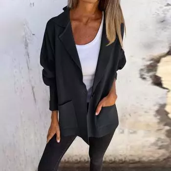 Женская зимняя шерстяная куртка, повседневный универсальный свободный кардиган с карманами на лацканах и пуговицами L чёрный