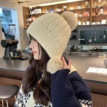 Женская зимняя шерстяная шапка, теплая шапка из кроличьей шерсти, защитная шапка для ушей, симпатичная шерстяная шапка-пуловер, шапки-бини для женщин One size белый