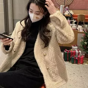 Женская зимняя шуба из искусственного меха норки с интегрированным мехом и V-образным вырезом, двубортное плюшевое пальто S 53kg
