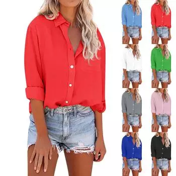 Женская зимняя сплошная цветная пуговица, повседневная модная рубашка с длинным рукавом, свободная рубашка с v-образным вырезом XXL