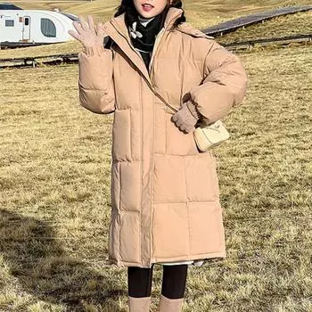 Женская зимняя студенческая длинная пуховая куртка на хлопковой подкладке, утолщенное свободное пальто с капюшоном M хаки