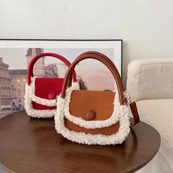 Женская зимняя сумка через плечо из овечьей шерсти, модная сумка через плечо из искусственной замши, переносная квадратная сумка с текстурой 12X16X8cm коричневый