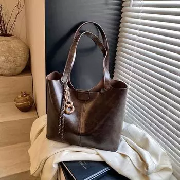 Женская зимняя сумка-тоут для поездок на работу 2024 года: Высококачественная текстурированная сумка большой вместимости через плечо и через руку ribbon pendant коричневый