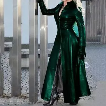 Женская зимняя супердлинная кожаная куртка из искусственной кожи с воротником-стойкой