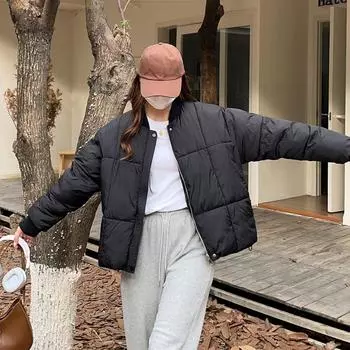 Женская зимняя свободная и удобная хлопковая куртка, повседневная стеганая студенческая бейсбольная форма S чёрный